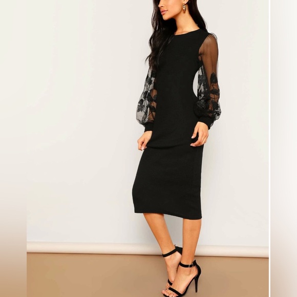 Ribbed Embroidery Mesh Insert Bishop Sleeve Fitted Dress Black - Picture 5 of 9